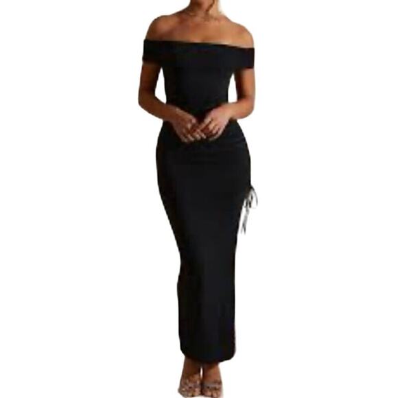 OH POLLY Solange Off The Shoulder High-Slit Maxi Dress Black Side Ruching Sz 10 - Picture 2 of 5